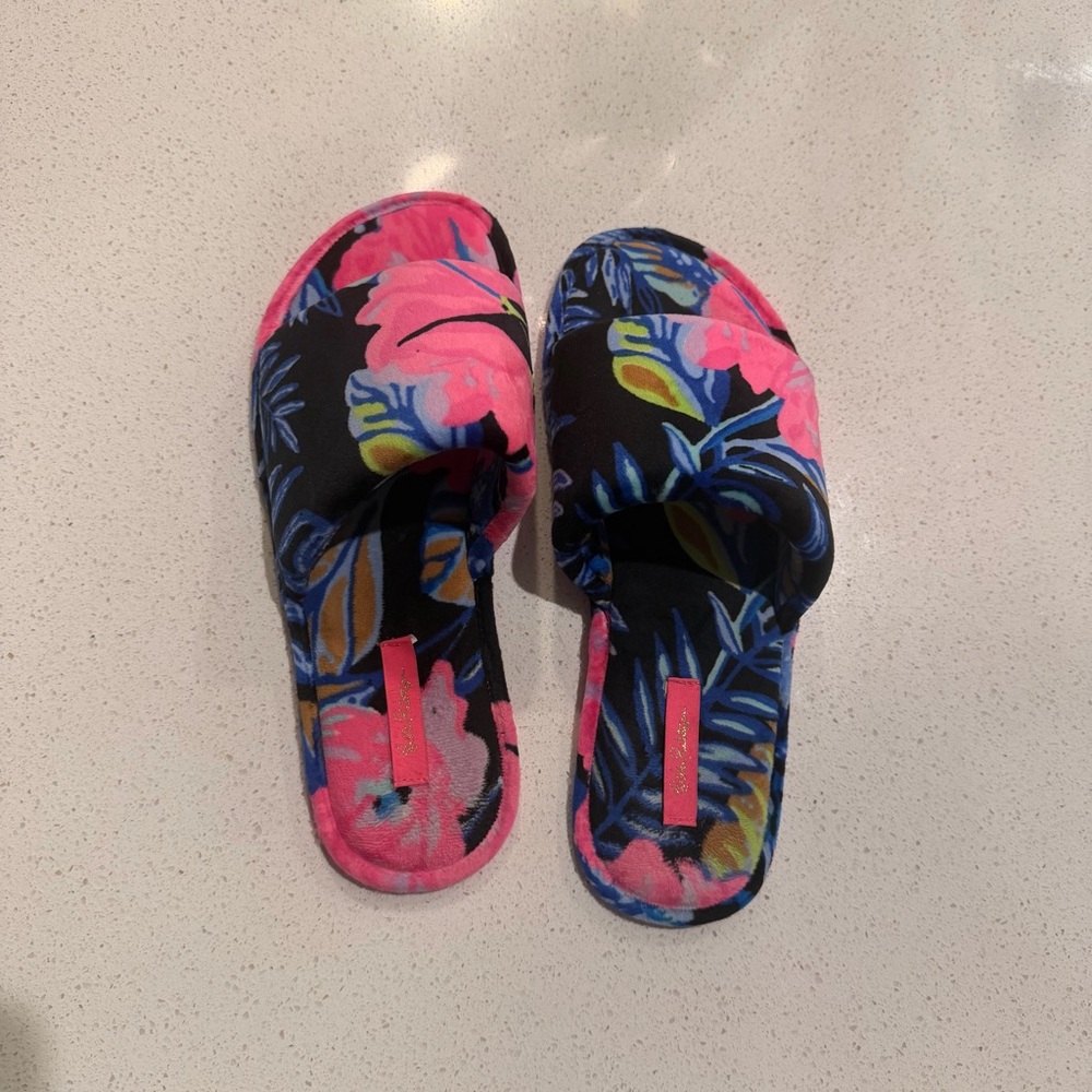 Lilly Pulitzer Resort Tropical Floral Velvet Slide Slippers Pink Sz 7/8